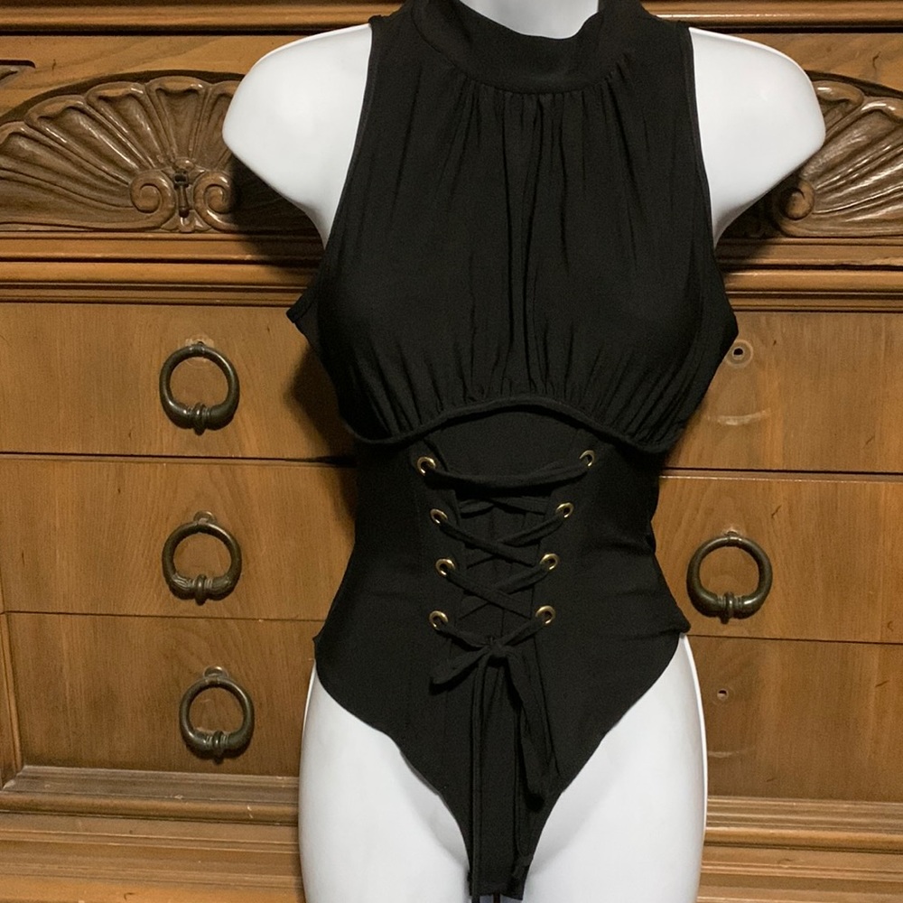 A’GACI Black Bodysuit drawstrings medium preowned